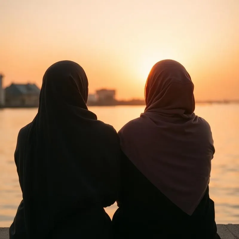 Two women in conversation by the water